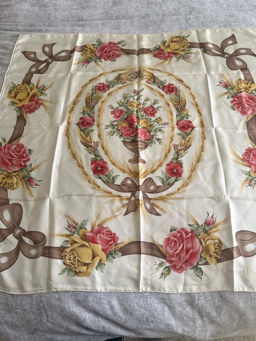 Dior Cream Silk Scarf with Pink Roses and Gold Accents
